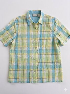 Alfred Dunner Pastel Blue & Yellow Plaid Short Sleeve Button-Up Shirt